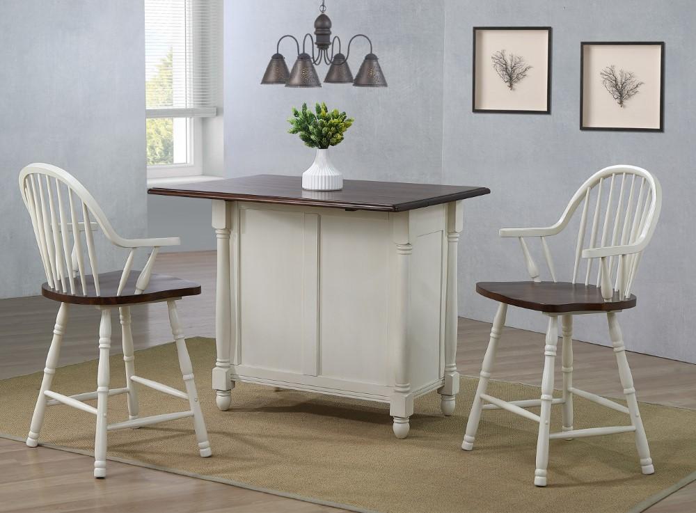 Sunset Trading - Andrews Drop Leaf Kitchen Island with Counter Height Stools with Arms - Antique White and Chestnut Brown - Drawers and Cabinet - DLU-KI4222-B3024A-AW3PC veiw 4