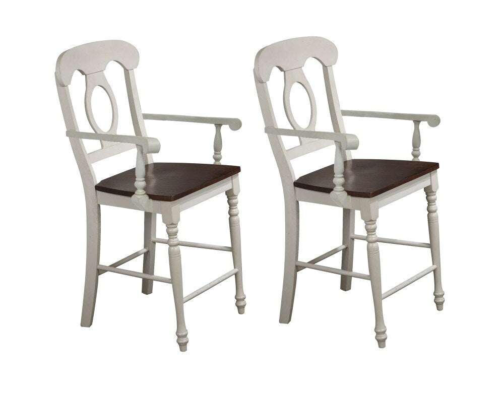 Sunset Trading - Andrews Napoleon Barstool with Arms - Antique White with Chestnut Brown Seat - Counter Height Stool  (Set of 2) - DLU-ADW-B50A-AW-2 veiw 1