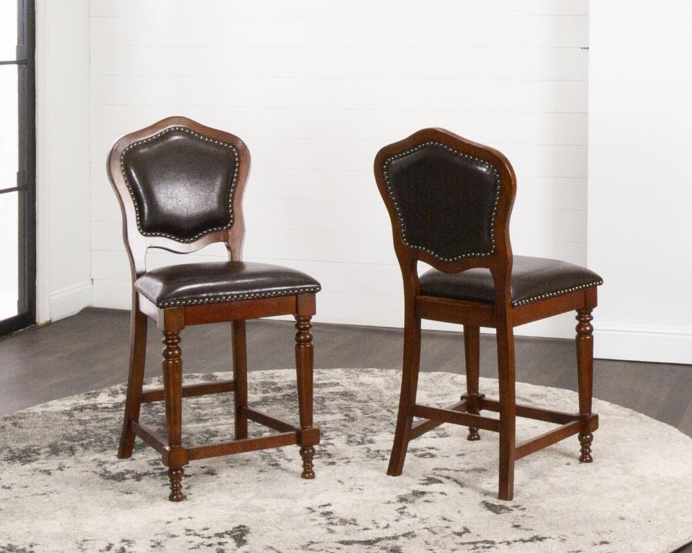 Sunset Trading - Bellagio Upholstered Barstools with Backs - Counter Height Dining Chairs - Distressed Cherry Brown Wood - Nailheads (Set of 2) - CR-87148-24-2 veiw 6