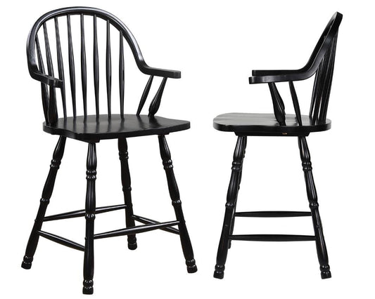Sunset Trading - Black Cherry Selections 24in Counter Height Windsor Arm Stool - Antique Black (Set of 2) - DLU-B3024A-AB-2 veiw 1