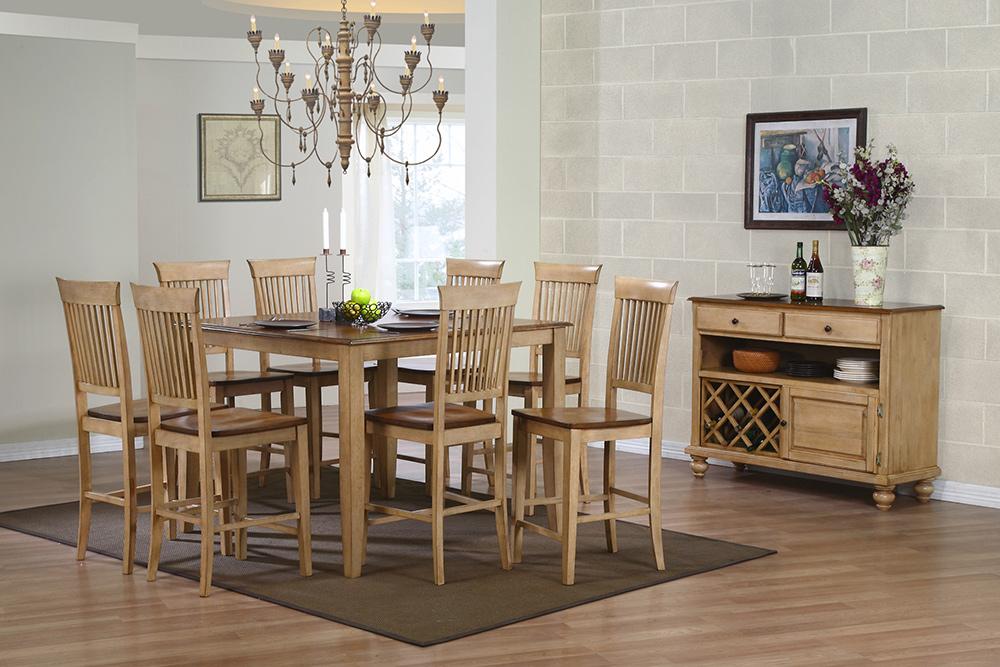Sunset Trading - Brook 10 Piece 48in Square Pub Set with Fancy Slat Stools  - Distressed Two Tone Light Creamy Wheat with Warm Pecan Brown - DLU-BR4848CB-B70-SRPW10PC veiw 2