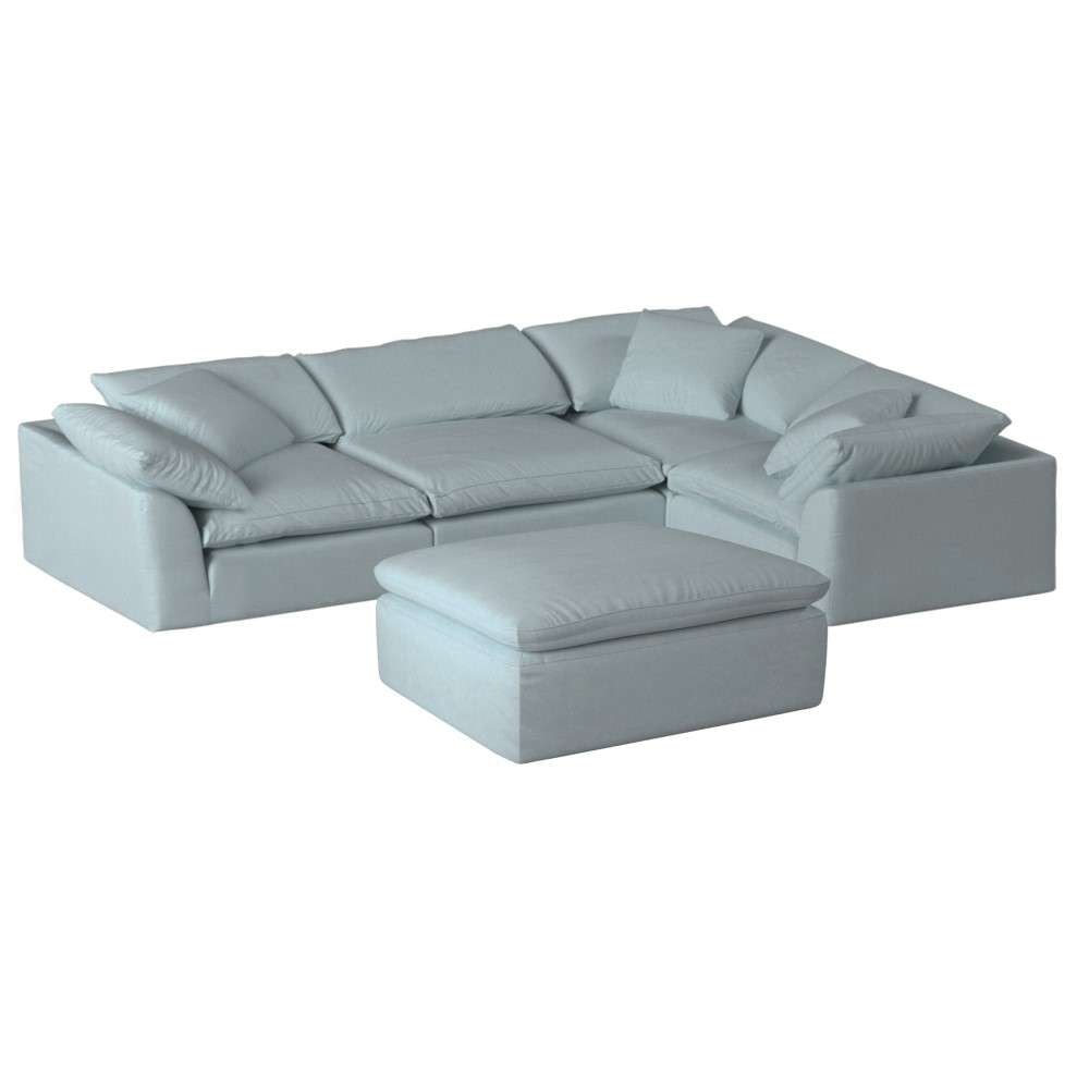 Sunset Trading Contemporary Puff Collection 5PC Slipcovered Modular L-Shaped Sectional Sofa with Ottoman Performance Fabric Washable Water-Resistant Stain-Proof 132in Deep-Seating Down-Filled Chaise Lounge Couch Ocean Blue - SU-1458-43-3C-1A-1O veiw 1