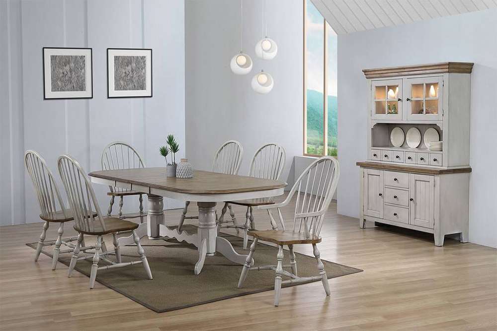 Sunset Trading - Country Grove 8 Piece Double Pedestal Extendable Dining Table Set - 2 Arm Chairs - Lighted China Cabinet - Distressed Gray and Brown Wood - DLU-CG4296-30AGOBH8 veiw 5