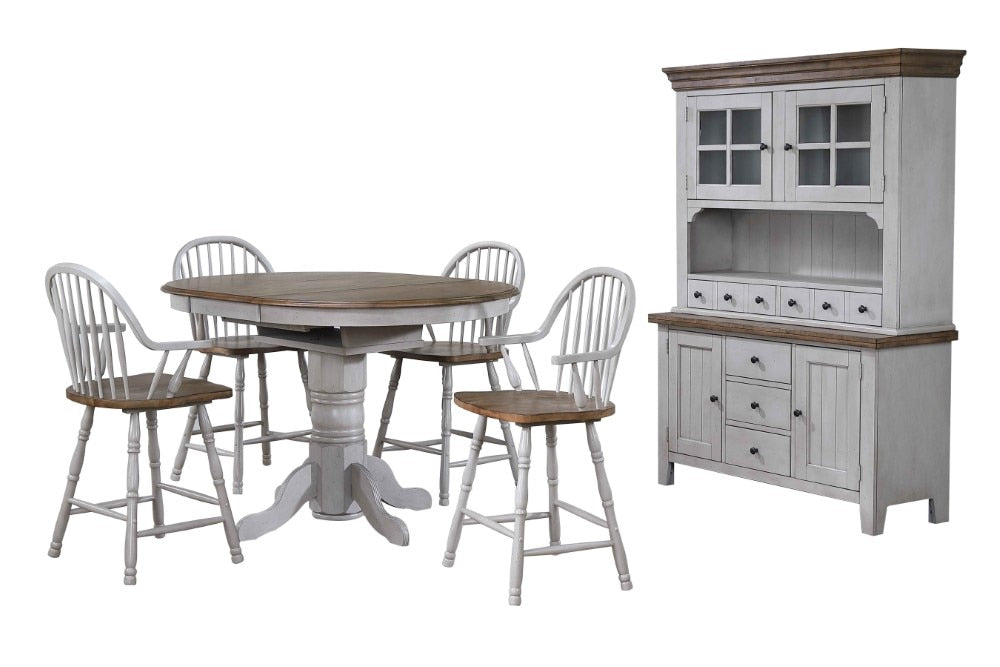 Sunset Trading - Country Grove 6 Piece Round or Oval Extendable Pub Table Set - 4 Barstools with Arms - Lighted China Cabinet - Distressed Gray and Brown Wood - DLU-CG4260CB30AGOBH6 veiw 1