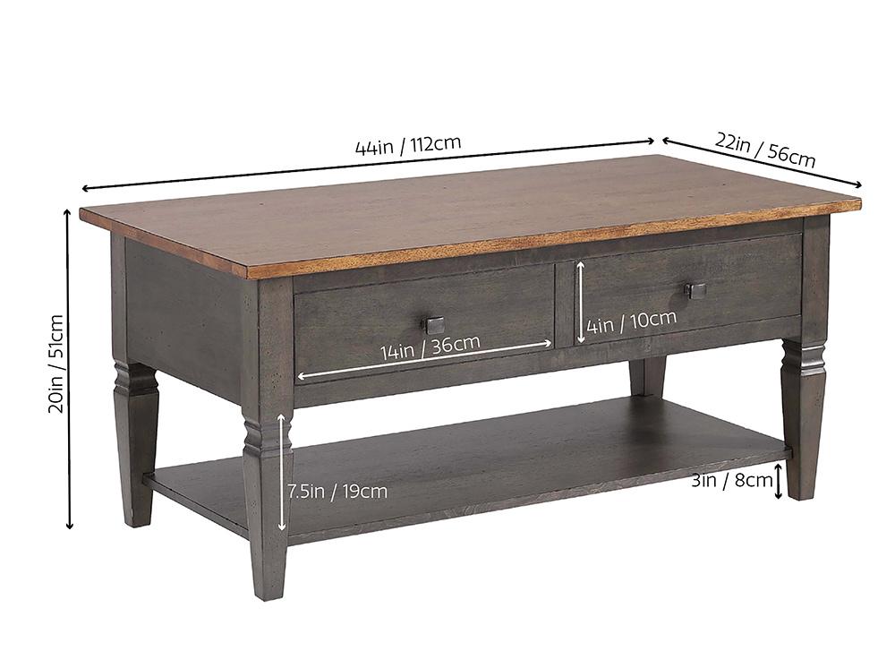 Sunset Trading - Dakota 22x44 Rectangular Coffee Table with Drawers and Storage Shelf  - Distressed Brown and Ash Gray - DLU-DK-2308-TA veiw 2