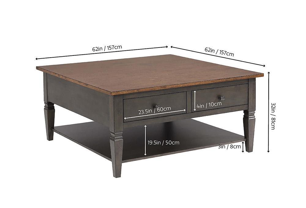 Sunset Trading - Dakota 42in Square Coffee Table with Drawers and Storage Shelf  - Distressed Brown and Ash Gray - DLU-DK-2307-TA veiw 2