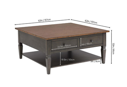 Sunset Trading - Dakota 42in Square Coffee Table with Drawers and Storage Shelf  - Distressed Brown and Ash Gray - DLU-DK-2307-TA veiw 2