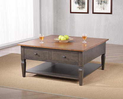 Sunset Trading - Dakota 42in Square Coffee Table with Drawers and Storage Shelf  - Distressed Brown and Ash Gray - DLU-DK-2307-TA veiw 3
