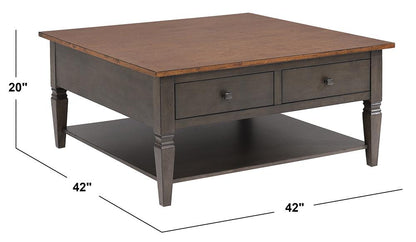 Sunset Trading - Dakota 42in Square Coffee Table with Drawers and Storage Shelf  - Distressed Brown and Ash Gray - DLU-DK-2307-TA veiw 9