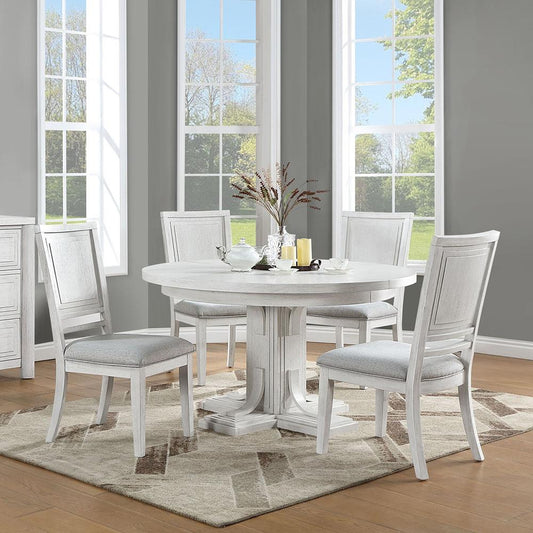 Sunset Trading - Dover 5PC 54” Round to 72in Oval Expandable Pedestal Dining Table Set, Chairs with Padded Upholstered Seats  - Cerused Dove White - AG-638-072-9005P veiw 2