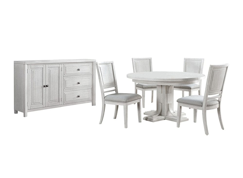 Sunset Trading - Dover 6PC 54” Round to 72in Oval Expanding Pedestal Dining Table Set w Storage Sideboard, Upholstered Chairs, Cerused White Oak Wood, Seats 4-8, Contemporary Space-Saving Kitchen Furniture - Cerused Dove White - AG-638-072-900-8946P veiw 1