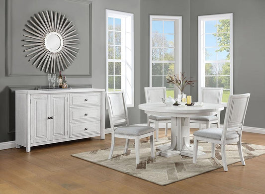 Sunset Trading - Dover 6PC 54” Round to 72in Oval Expanding Pedestal Dining Table Set w Storage Sideboard, Upholstered Chairs, Cerused White Oak Wood, Seats 4-8, Contemporary Space-Saving Kitchen Furniture - Cerused Dove White - AG-638-072-900-8946P veiw 2