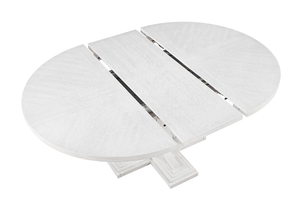 Sunset Trading - Dover 6PC 54” Round to 72in Oval Expanding Pedestal Dining Table Set w Storage Sideboard, Upholstered Chairs, Cerused White Oak Wood, Seats 4-8, Contemporary Space-Saving Kitchen Furniture - Cerused Dove White - AG-638-072-900-8946P veiw 3