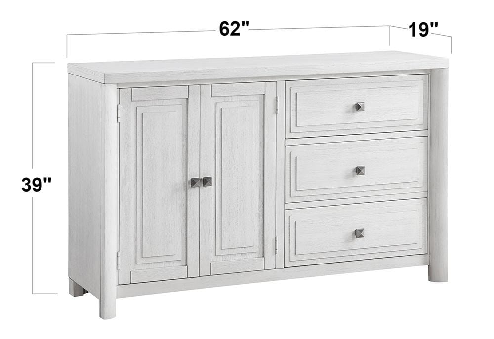 Sunset Trading - Dover 6PC 54” Round to 72in Oval Expanding Pedestal Dining Table Set w Storage Sideboard, Upholstered Chairs, Cerused White Oak Wood, Seats 4-8, Contemporary Space-Saving Kitchen Furniture - Cerused Dove White - AG-638-072-900-8946P veiw 7