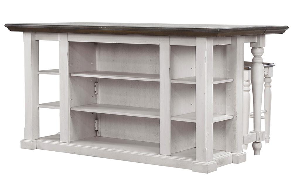 Sunset Trading - French Chic 3PC Fully Assembled 71in Dropleaf Kitchen Island Set w 2 Backless Stools  - Distressed Antique White and Walnut Brown - DLU-FC1016-24W-3P veiw 1