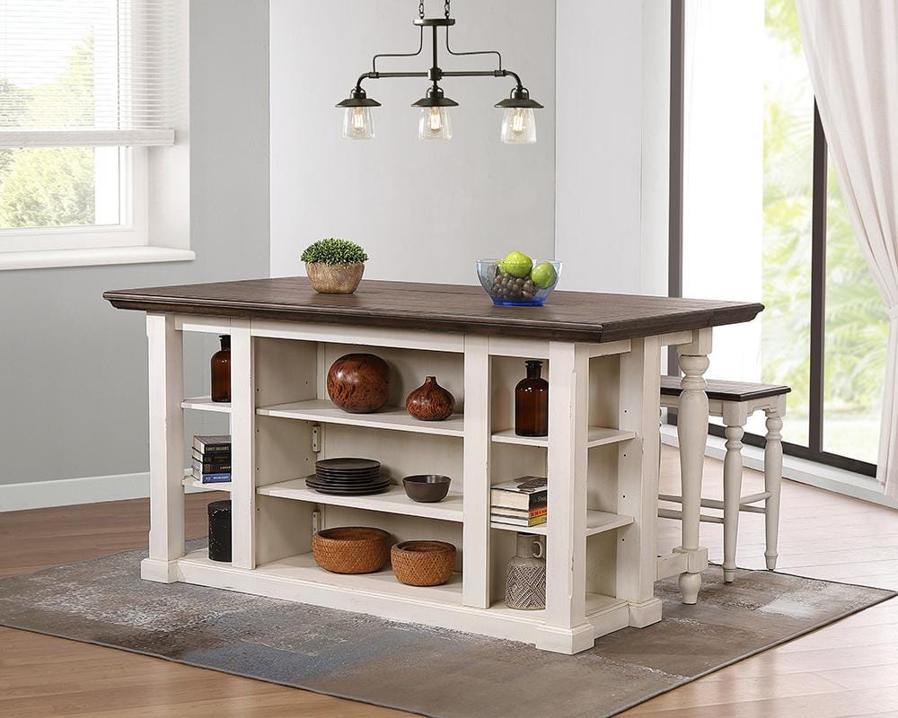 Sunset Trading - French Chic 3PC Fully Assembled 71in Dropleaf Kitchen Island Set w 2 Backless Stools  - Distressed Antique White and Walnut Brown - DLU-FC1016-24W-3P veiw 2