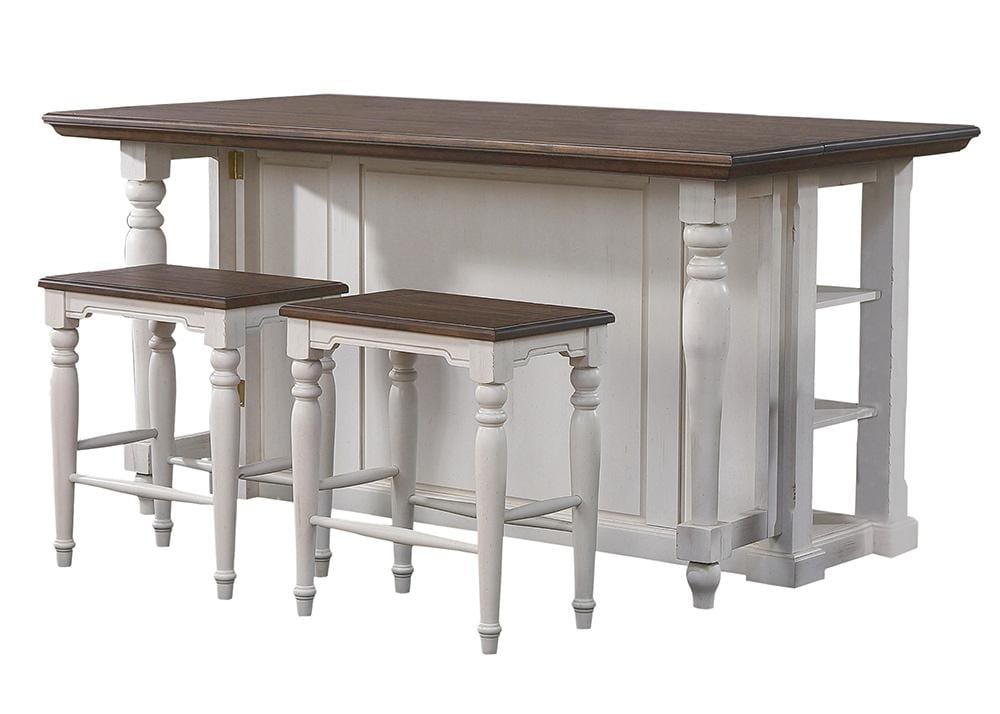 Sunset Trading - French Chic 3PC Fully Assembled 71in Dropleaf Kitchen Island Set w 2 Backless Stools  - Distressed Antique White and Walnut Brown - DLU-FC1016-24W-3P veiw 3