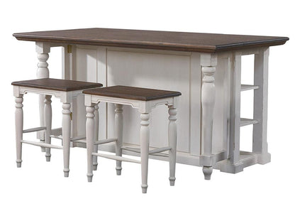 Sunset Trading - French Chic 3PC Fully Assembled 71in Dropleaf Kitchen Island Set w 2 Backless Stools  - Distressed Antique White and Walnut Brown - DLU-FC1016-24W-3P veiw 3