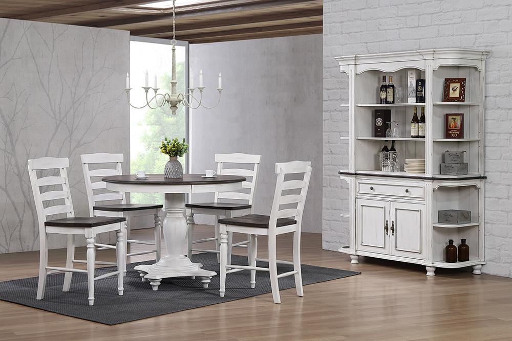 Sunset Trading - French Chic 48in Round Adjustable 30”H or 36” Counter Height Pedestal Dining Table Set  - Distressed Antique White and Walnut Brown - DLU-FC4848-1432-BH7P veiw 2