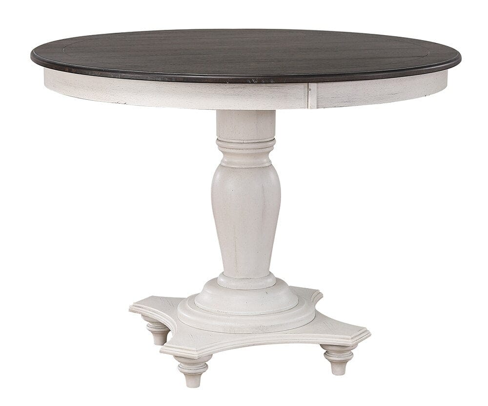 Sunset Trading - French Chic 48in Round Adjustable 30”H or 36” Counter Height Pedestal Dining Table Set  - Distressed Antique White and Walnut Brown - DLU-FC4848-1432-BH7P veiw 3
