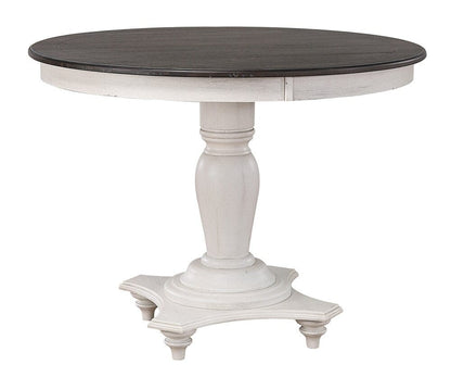 Sunset Trading - French Chic 48in Round Adjustable 30”H or 36” Counter Height Pedestal Dining Table Set  - Distressed Antique White and Walnut Brown - DLU-FC4848-1432-BH7P veiw 3