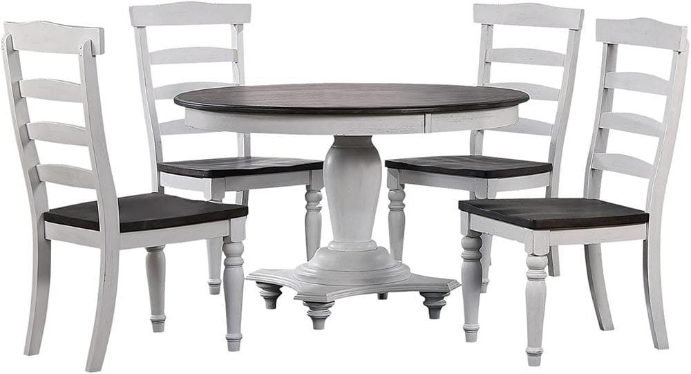 Sunset Trading - French Chic 48in Round Adjustable 30”H or 36” Counter Height Pedestal Dining Table Set  - Distressed Antique White and Walnut Brown - DLU-FC4848-1432-5P veiw 1