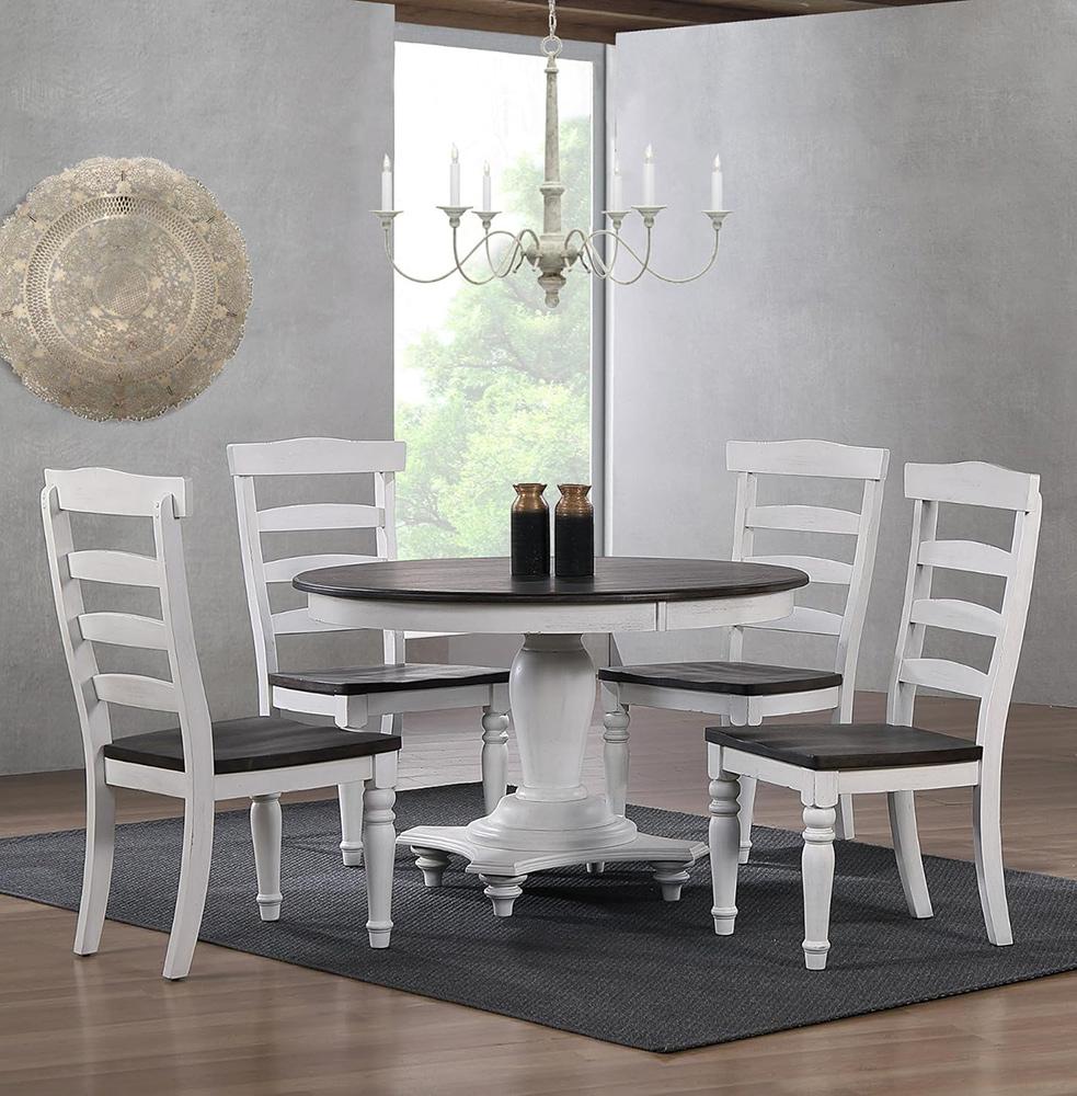 Sunset Trading - French Chic 48in Round Adjustable 30”H or 36” Counter Height Pedestal Dining Table Set  - Distressed Antique White and Walnut Brown - DLU-FC4848-1432-5P veiw 2