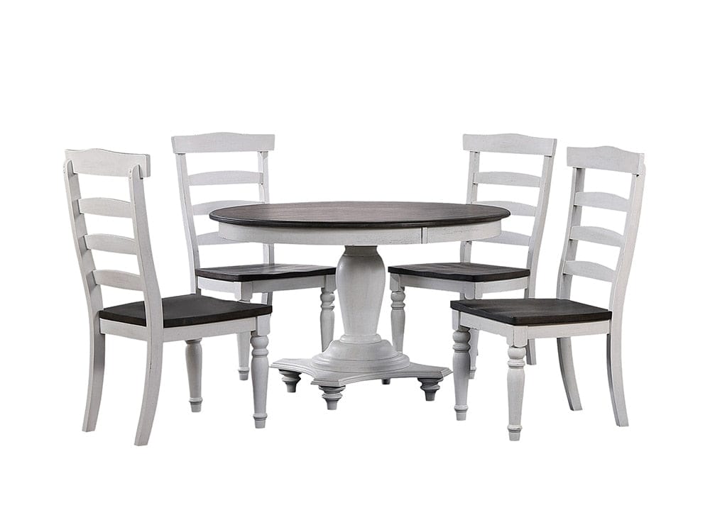Sunset Trading - French Chic 48in Round Adjustable 30”H or 36” Counter Height Pedestal Dining Table Set  - Distressed Antique White and Walnut Brown - DLU-FC4848-1432W-5P veiw 1