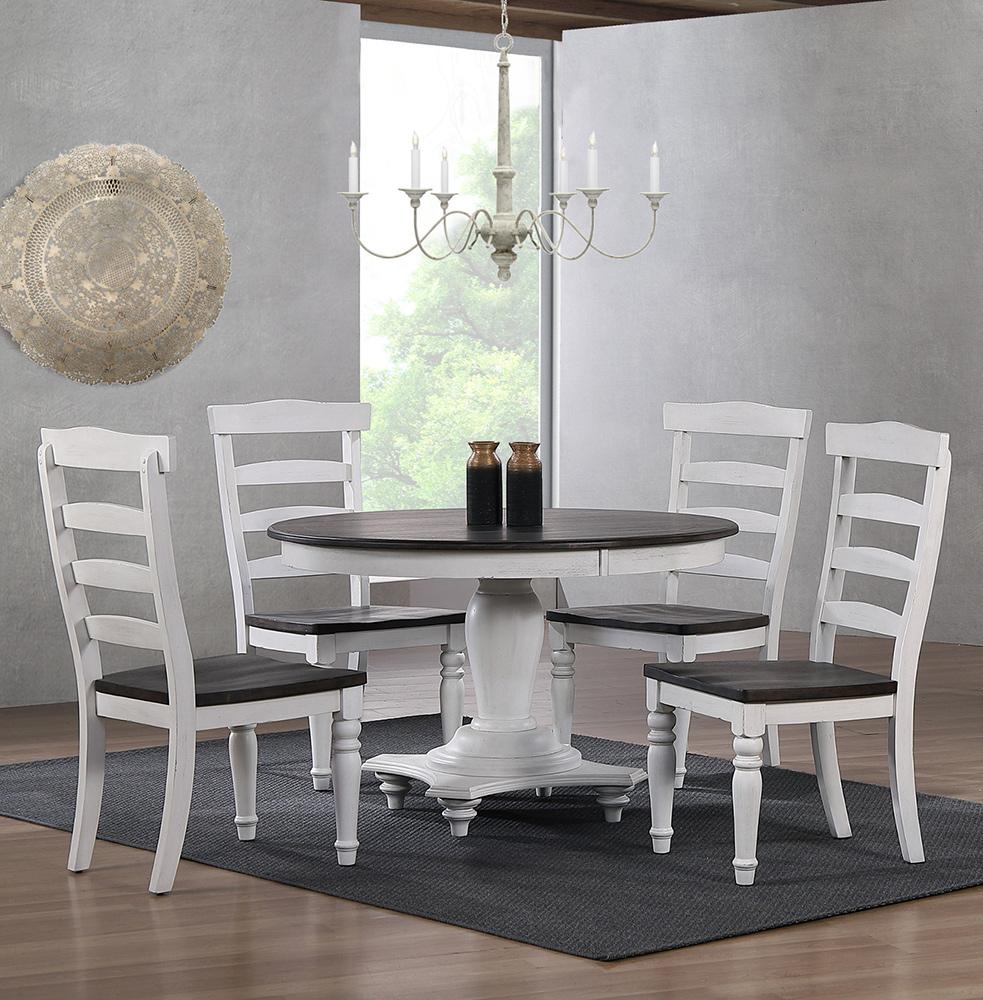 Sunset Trading - French Chic 48in Round Adjustable 30”H or 36” Counter Height Pedestal Dining Table Set  - Distressed Antique White and Walnut Brown - DLU-FC4848-1432W-5P veiw 2