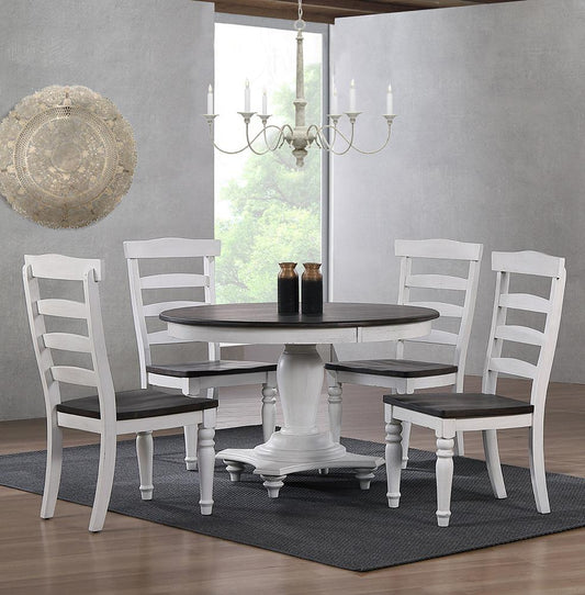 Sunset Trading - French Chic 48in Round Adjustable 30”H or 36” Counter Height Pedestal Dining Table Set  - Distressed Antique White and Walnut Brown - DLU-FC4848-1432W-5P veiw 2