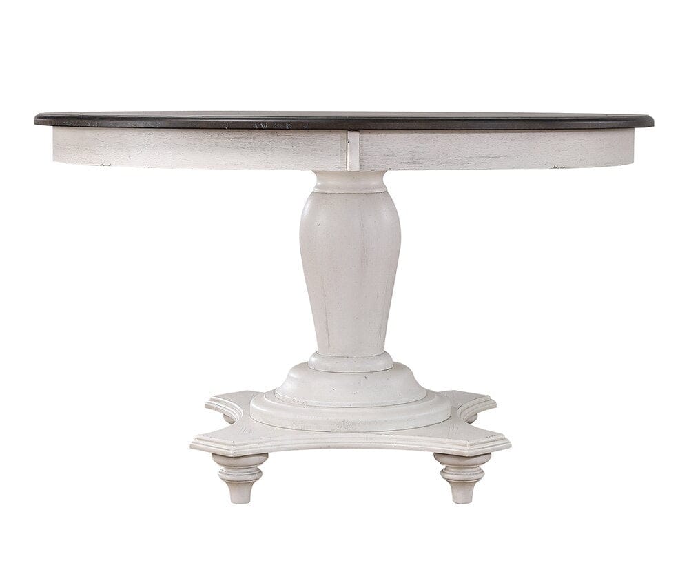 Sunset Trading - French Chic 48in Round Adjustable 30”H or 36” Counter Height Pedestal Dining Table Set  - Distressed Antique White and Walnut Brown - DLU-FC4848-1432W-5P veiw 4