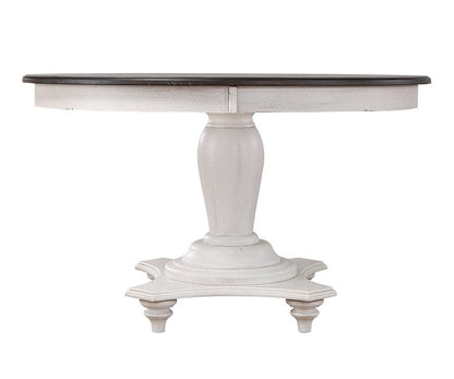 Sunset Trading - French Chic 48in Round Adjustable 30”H or 36” Counter Height Pedestal Dining Table Set  - Distressed Antique White and Walnut Brown - DLU-FC4848-1432W-5P veiw 4