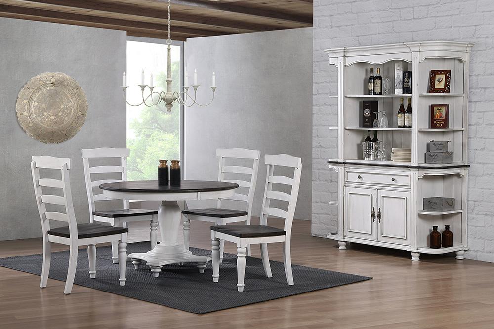 Sunset Trading - French Chic 48in Round Adjustable 30”H or 36” Counter Height Pedestal Dining Table Set  - Distressed Antique White and Walnut Brown - DLU-FC4848-1432W-BH7P veiw 2