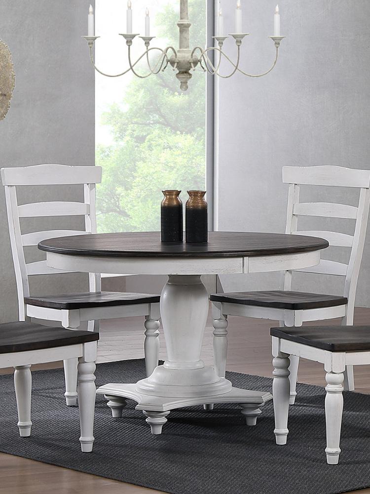 Sunset Trading - French Chic 48” Round Adjustable Pedestal Dining Table  - Distressed Antique White and Walnut Brown - DLU-FC4848 veiw 2