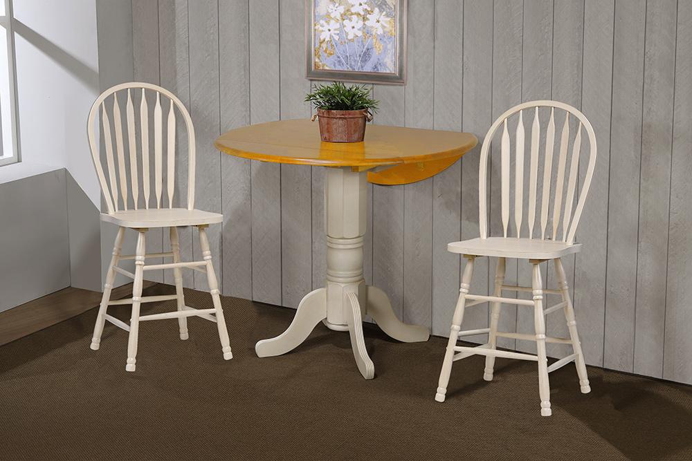 Sunset Trading - Oakley Selections 3 Piece 42in Round Extendable Drop Leaf Pub Table Set  - Distressed Antique White/Light Oak - DLU-AWLO4242CB-B824-3P veiw 2