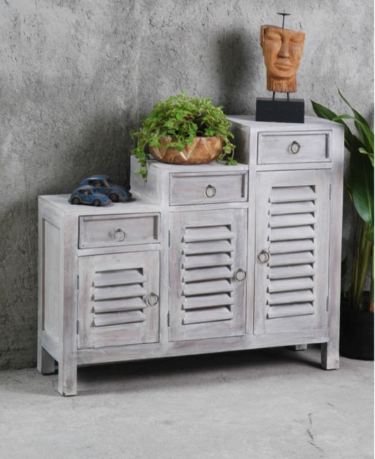 Sunset Trading - Shabby Chic Cottage Three Tiered Shutter Cabinet Distressed Light Gray - CC-CAB1181LD-SW veiw 2