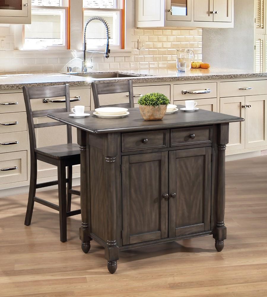 Sunset Trading - Shades Of Gray Drop Leaf Kitchen Island Set With 2 Stools Breakfast Bar Drawers Storage - DLU-KI-4222-B200-AG3PC veiw 2