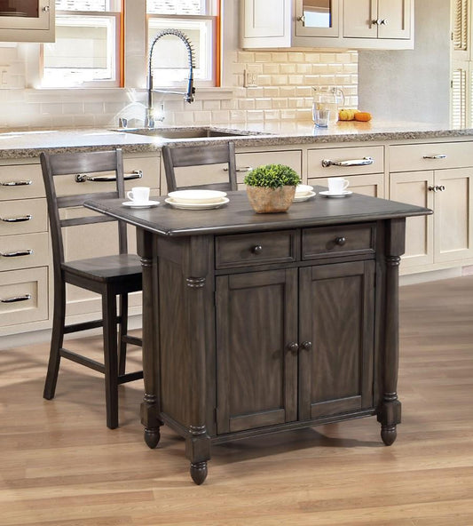 Sunset Trading - Shades Of Gray Drop Leaf Kitchen Island Set With 2 Stools Breakfast Bar Drawers Storage - DLU-KI-4222-B200-AG3PC veiw 2