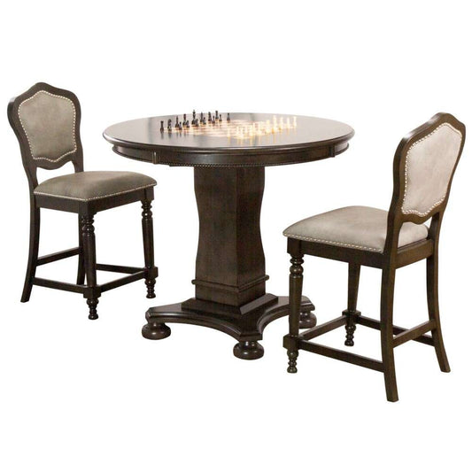Sunset Trading - Vegas 3 Piece 42in Round Counter Height Dining, Chess and Poker Table Set - Reversible 3 in 1 Game Top - Distressed Gray Wood - Upholstered Stools with Nailheads - CR-87711-TCB-3P veiw 1