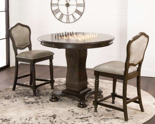 Sunset Trading - Vegas 3 Piece 42in Round Counter Height Dining, Chess and Poker Table Set - Reversible 3 in 1 Game Top - Distressed Gray Wood - Upholstered Stools with Nailheads - CR-87711-TCB-3P veiw 2