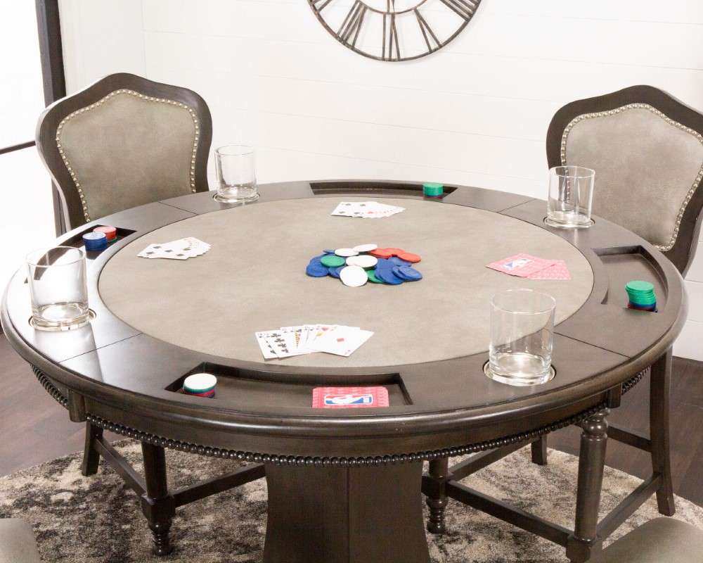 Sunset Trading - Vegas 3 Piece 42in Round Counter Height Dining, Chess and Poker Table Set - Reversible 3 in 1 Game Top - Distressed Gray Wood - Upholstered Stools with Nailheads - CR-87711-TCB-3P veiw 3