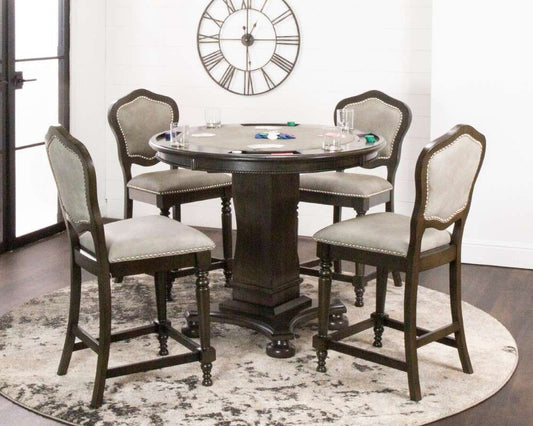 Sunset Trading - Vegas 5 Piece 42in Round Counter Height Dining, Chess and Poker Table Set - Reversible 3 in 1 Game Top - Distressed Gray Wood - Upholstered Stools with Nailheads - CR-87711-TCB-5P veiw 2