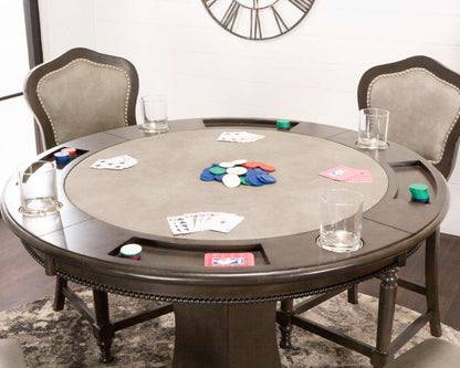 Sunset Trading - Vegas 5 Piece 42in Round Counter Height Dining, Chess and Poker Table Set - Reversible 3 in 1 Game Top - Distressed Gray Wood - Upholstered Stools with Nailheads - CR-87711-TCB-5P veiw 3