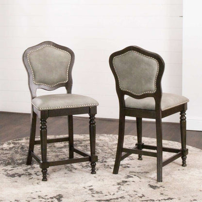 Sunset Trading - Vegas Upholstered Barstools with Backs - Counter Height Dining Chairs - Distressed Gray Wood - Nailheads (Set of 2) - CR-87711-24-2 veiw 2