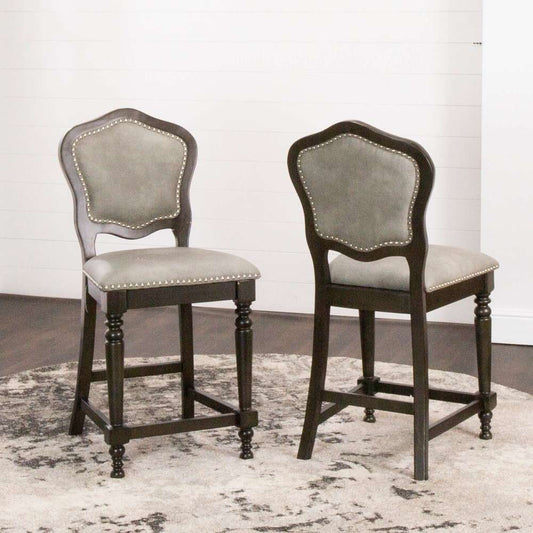 Sunset Trading - Vegas Upholstered Barstools with Backs - Counter Height Dining Chairs - Distressed Gray Wood - Nailheads (Set of 2) - CR-87711-24-2 veiw 2