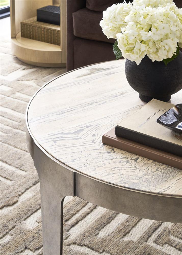 Vanguard Furniture - Noa Round Cocktail Table - Aged Silver Metal and Travertine - P615C1 veiw 4