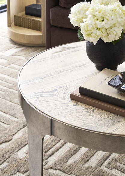 Vanguard Furniture - Noa Round Cocktail Table - Aged Silver Metal and Travertine - P615C1 veiw 4