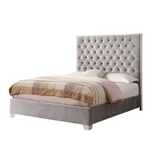 Wallace & Bay - James Cloud Gray King Upholstered Bed with Velvet-Like Fabric, Chrome Trim, Button Tufted Headboard, And Platform-Style Base - B510045 veiw 1