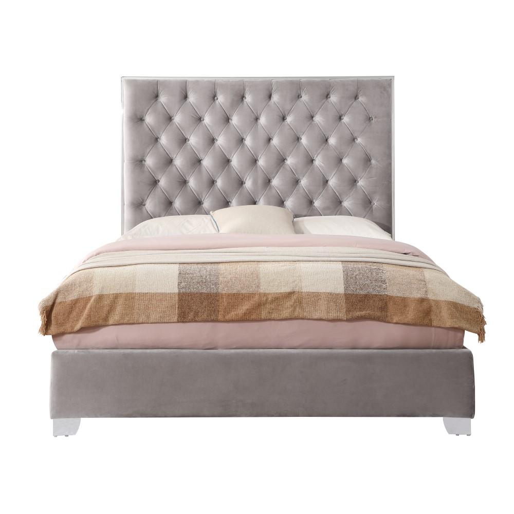 Wallace & Bay - James Cloud Gray King Upholstered Bed with Velvet-Like Fabric, Chrome Trim, Button Tufted Headboard, And Platform-Style Base - B510045 veiw 4