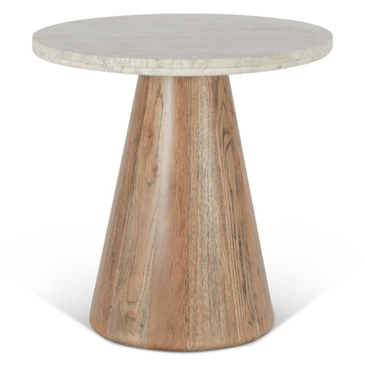 World Interiors - Caldera Side Table in White Travertine and Light Oak - ZWCALSTWTLO veiw 1